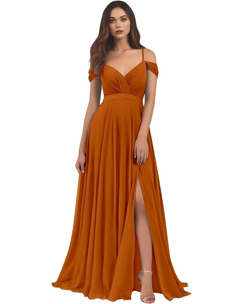 Women's Off The Shoulder Bridesmaid Dresses for Wedding Long A-Line Chiffon Formal Gown with Slit Burnt Orange $41.24 Dresses