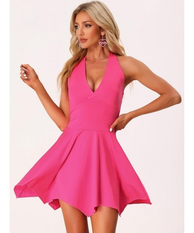 Women's Halter Deep V Neck Sleeveless Backless Skater Mini Dress Rose Red $16.72 Dresses