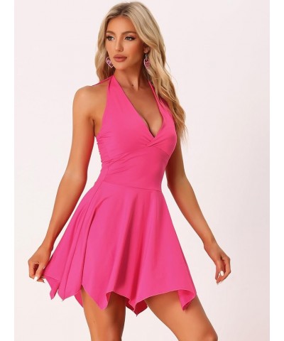 Women's Halter Deep V Neck Sleeveless Backless Skater Mini Dress Rose Red $16.72 Dresses