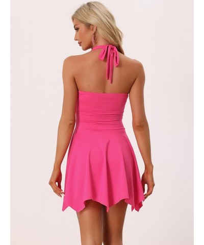 Women's Halter Deep V Neck Sleeveless Backless Skater Mini Dress Rose Red $16.72 Dresses