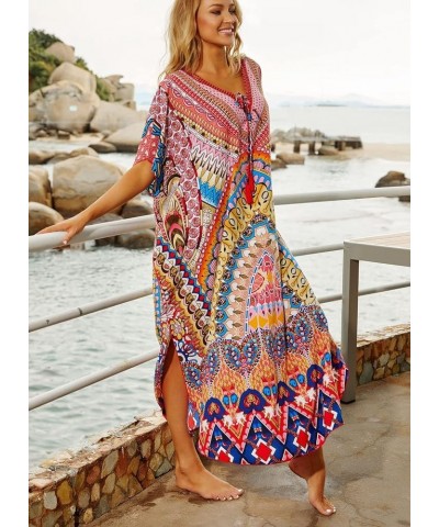 Womens Caftan Floral Print Kaftan Dress Short Sleeve Swimsuit Cover up Loungewear for Summer D7 $12.39 Swimsuits