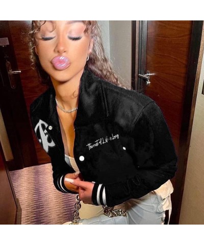 Varsity Jacket For Women Y2K Unisex Bomber Baseball Uniform Letter Embroidery Jacket Snap Colorblock Outwear Black $9.67 Jackets