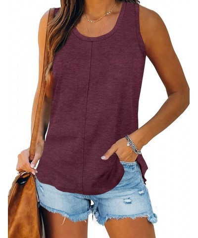 Women's Tank Tops Scoop Neck Sleeveless Tees Casual Loose Fit Camisole Wine $13.99 Tanks