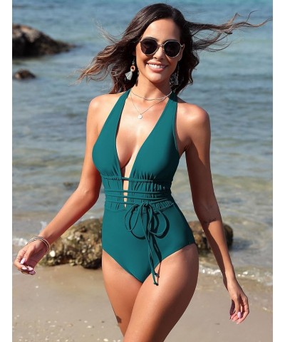 Women’s Ribbed One Piece Swimsuit Deep V Neck Bathing Suit Crisscross Back Self Tie Monokini Teal-2 $15.98 Swimsuits