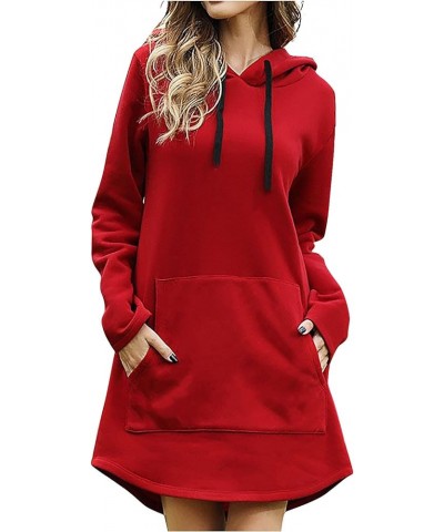 Cute Hooded Dress for Teen Girls Solid Color Drawstring Pocket Long Sleeve Fall Plus Size Sweatshirt Dress Red $8.98 Dresses