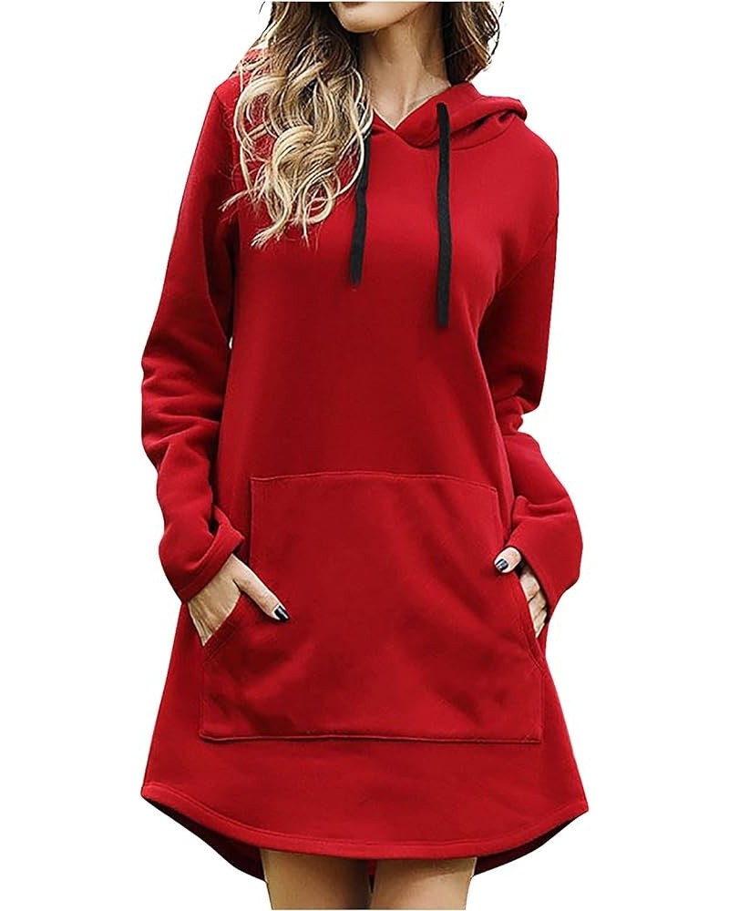 Cute Hooded Dress for Teen Girls Solid Color Drawstring Pocket Long Sleeve Fall Plus Size Sweatshirt Dress Red $8.98 Dresses