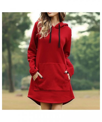 Cute Hooded Dress for Teen Girls Solid Color Drawstring Pocket Long Sleeve Fall Plus Size Sweatshirt Dress Red $8.98 Dresses