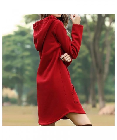 Cute Hooded Dress for Teen Girls Solid Color Drawstring Pocket Long Sleeve Fall Plus Size Sweatshirt Dress Red $8.98 Dresses