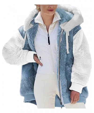 Women Oversized Fuzzy Fleece Color Block Faux Shearling Coat Warm Hooded Zip Up Winter Jacket with Pockets 3 Blue $7.64 Jackets