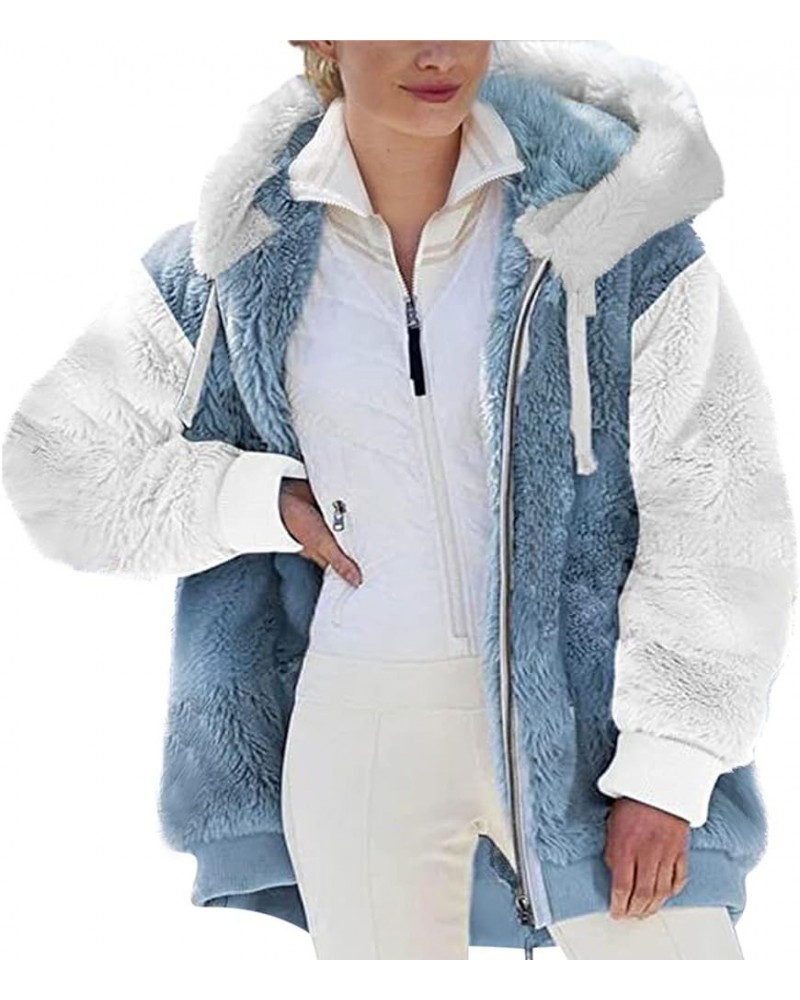 Women Oversized Fuzzy Fleece Color Block Faux Shearling Coat Warm Hooded Zip Up Winter Jacket with Pockets 3 Blue $7.64 Jackets