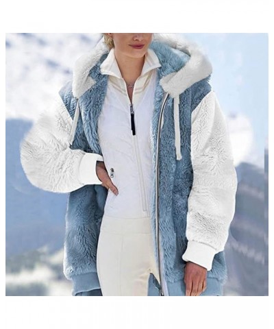 Women Oversized Fuzzy Fleece Color Block Faux Shearling Coat Warm Hooded Zip Up Winter Jacket with Pockets 3 Blue $7.64 Jackets