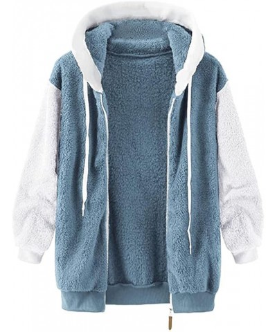 Women Oversized Fuzzy Fleece Color Block Faux Shearling Coat Warm Hooded Zip Up Winter Jacket with Pockets 3 Blue $7.64 Jackets