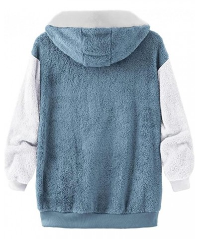 Women Oversized Fuzzy Fleece Color Block Faux Shearling Coat Warm Hooded Zip Up Winter Jacket with Pockets 3 Blue $7.64 Jackets