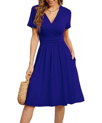 Women's Summer Short Sleeve Casual Dresses V-Neck Floral Party Dress with Pockets Royal Blue $18.71 Dresses