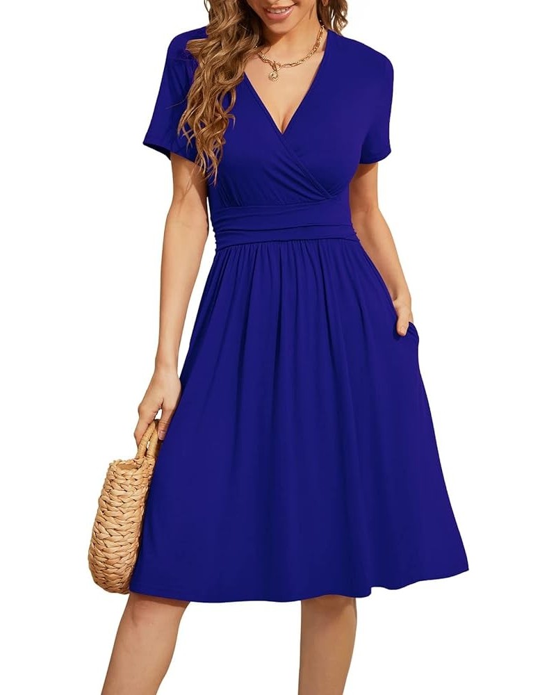 Women's Summer Short Sleeve Casual Dresses V-Neck Floral Party Dress with Pockets Royal Blue $18.71 Dresses