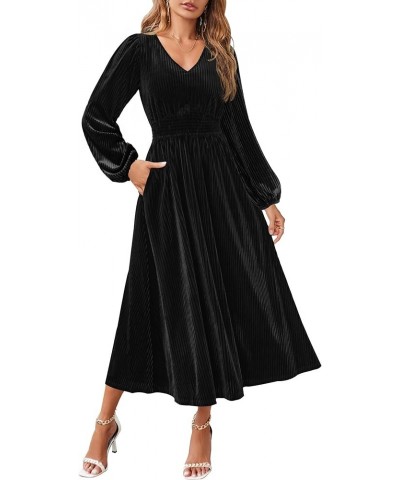 Women's Velvet Midi Dress Casual V Neck Long Sleeve Solid Color Elastic High Waist Flowy Evening Party Dresses Black $22.14 D...