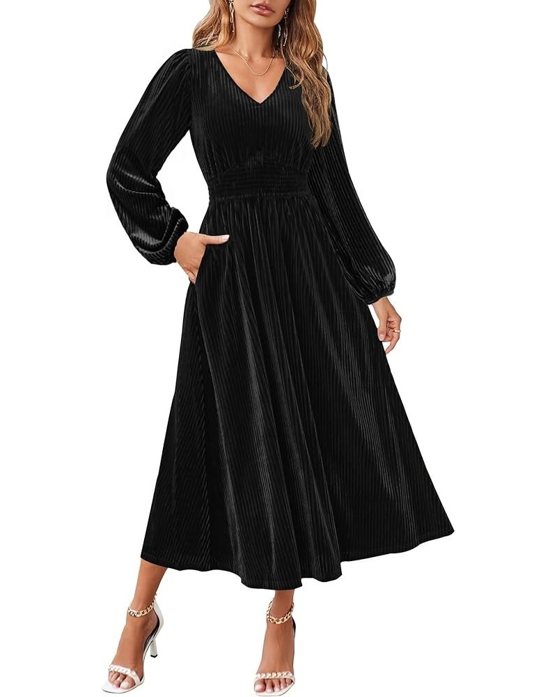 Women's Velvet Midi Dress Casual V Neck Long Sleeve Solid Color Elastic High Waist Flowy Evening Party Dresses Black $22.14 D...