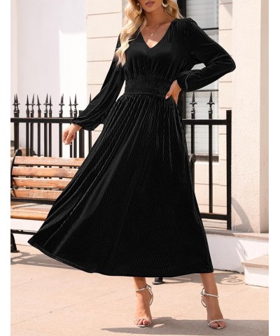 Women's Velvet Midi Dress Casual V Neck Long Sleeve Solid Color Elastic High Waist Flowy Evening Party Dresses Black $22.14 D...