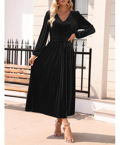 Women's Velvet Midi Dress Casual V Neck Long Sleeve Solid Color Elastic High Waist Flowy Evening Party Dresses Black $22.14 D...