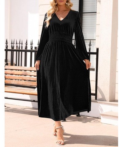 Women's Velvet Midi Dress Casual V Neck Long Sleeve Solid Color Elastic High Waist Flowy Evening Party Dresses Black $22.14 D...