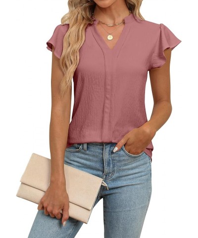 Women's Dressy Casual Blouses Business Work Tops White Short Sleeve V Neck T Shirt Summer Outfits Solid Pink $10.00 Blouses