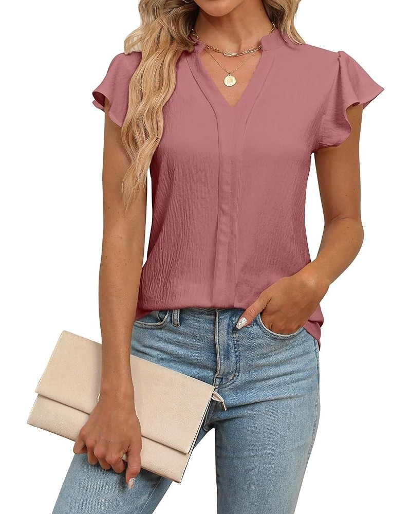 Women's Dressy Casual Blouses Business Work Tops White Short Sleeve V Neck T Shirt Summer Outfits Solid Pink $10.00 Blouses