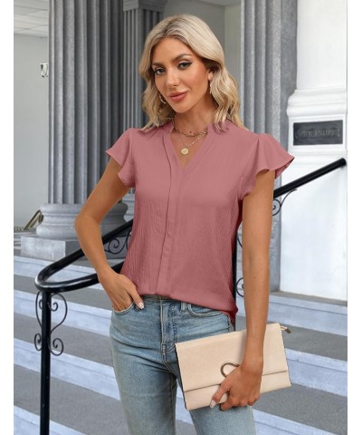 Women's Dressy Casual Blouses Business Work Tops White Short Sleeve V Neck T Shirt Summer Outfits Solid Pink $10.00 Blouses