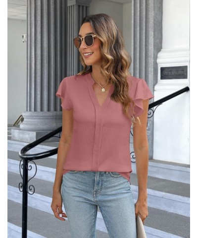 Women's Dressy Casual Blouses Business Work Tops White Short Sleeve V Neck T Shirt Summer Outfits Solid Pink $10.00 Blouses