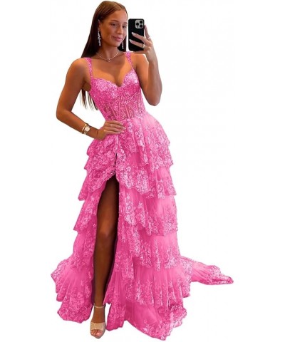 Lace Applique Tiered Tulle Prom Dresses for Women Long A Line Formal Evening Gowns with Slit Hot Pink $46.20 Dresses