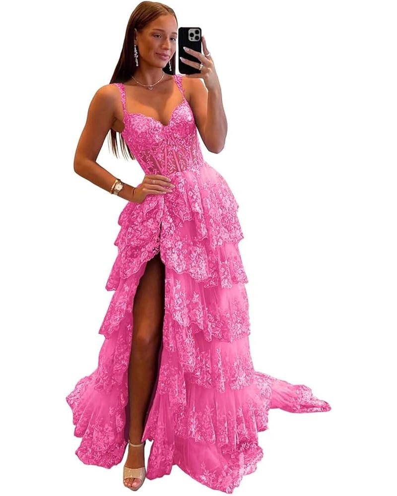 Lace Applique Tiered Tulle Prom Dresses for Women Long A Line Formal Evening Gowns with Slit Hot Pink $46.20 Dresses