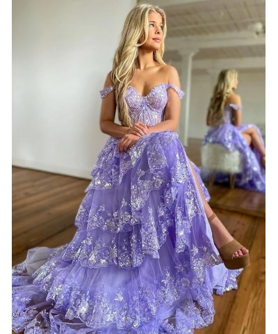 Lace Applique Tiered Tulle Prom Dresses for Women Long A Line Formal Evening Gowns with Slit Hot Pink $46.20 Dresses