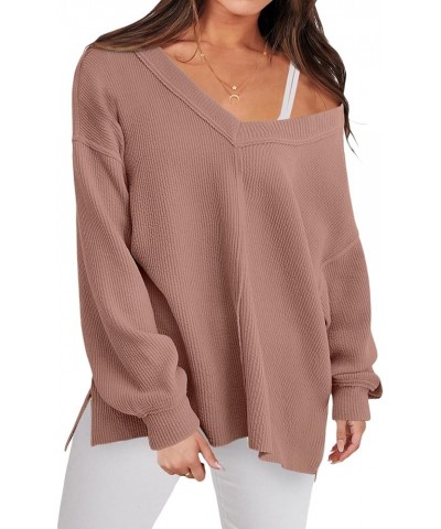 Women Long Sleeve Shirt Off Shoulder Sweater Oversized Sweatshirt Casual V Neck Knit Pullover Loose Tunic Tops Rose Red $13.2...