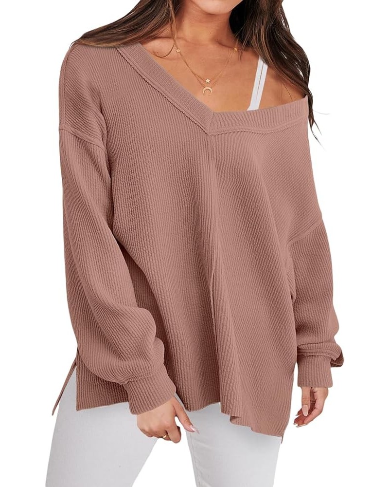 Women Long Sleeve Shirt Off Shoulder Sweater Oversized Sweatshirt Casual V Neck Knit Pullover Loose Tunic Tops Rose Red $13.2...