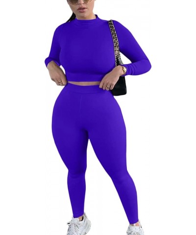 Women’s Casual 2 Piece Outfits Sexy Bodycon Long Sleeve Crop Top with Long Pants Tracksuit Set Jumpsuits Sapphire Blue $14.72...