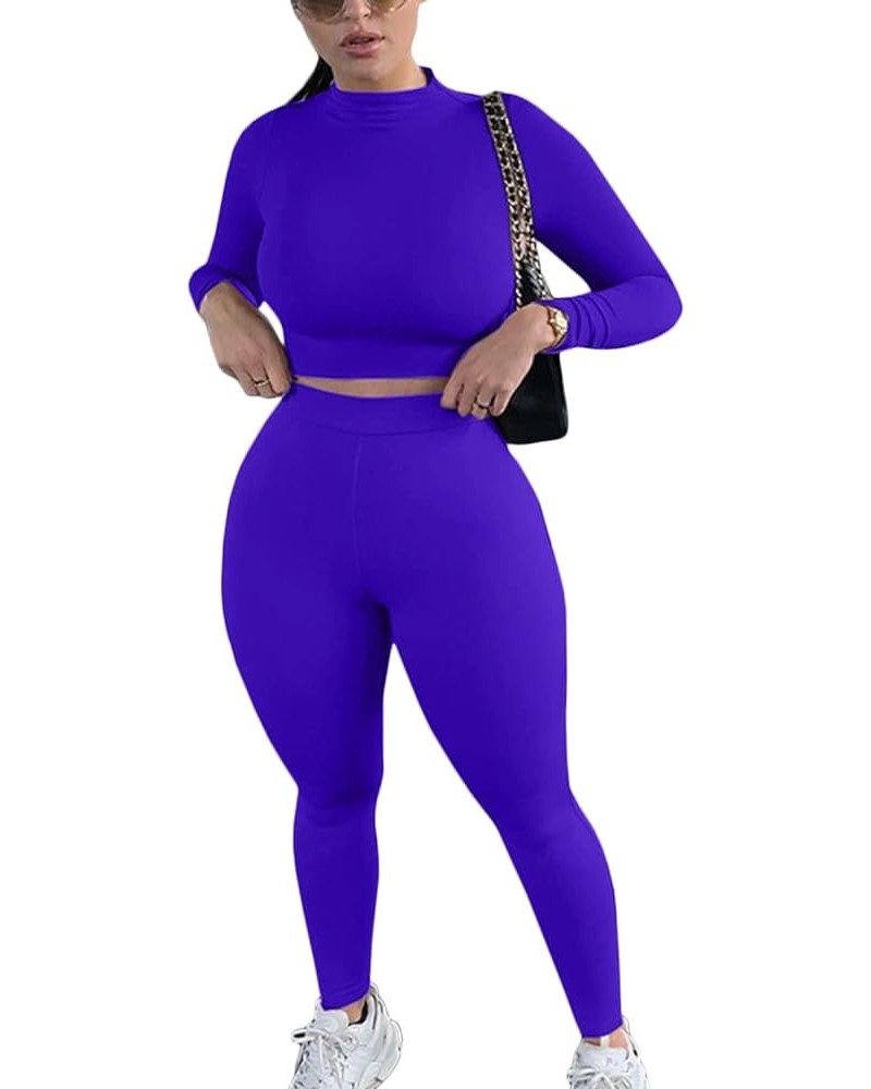 Women’s Casual 2 Piece Outfits Sexy Bodycon Long Sleeve Crop Top with Long Pants Tracksuit Set Jumpsuits Sapphire Blue $14.72...