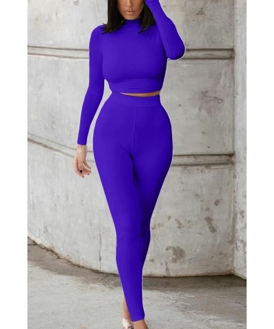 Women’s Casual 2 Piece Outfits Sexy Bodycon Long Sleeve Crop Top with Long Pants Tracksuit Set Jumpsuits Sapphire Blue $14.72...