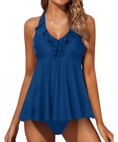 Two Piece Tankini Swimsuits for Women Tummy Control Bathing Suits Ruffle V Neck Swimwear with Shorts Deep Blue $17.83 Swimsuits