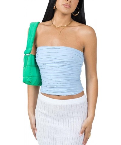 Women Lace Frill Trim Strapless Tube Top Sleeveless Off Shoulder Crop Bandeau Tube Top Y2K Vintage Camisole Streetwear Blue-m...