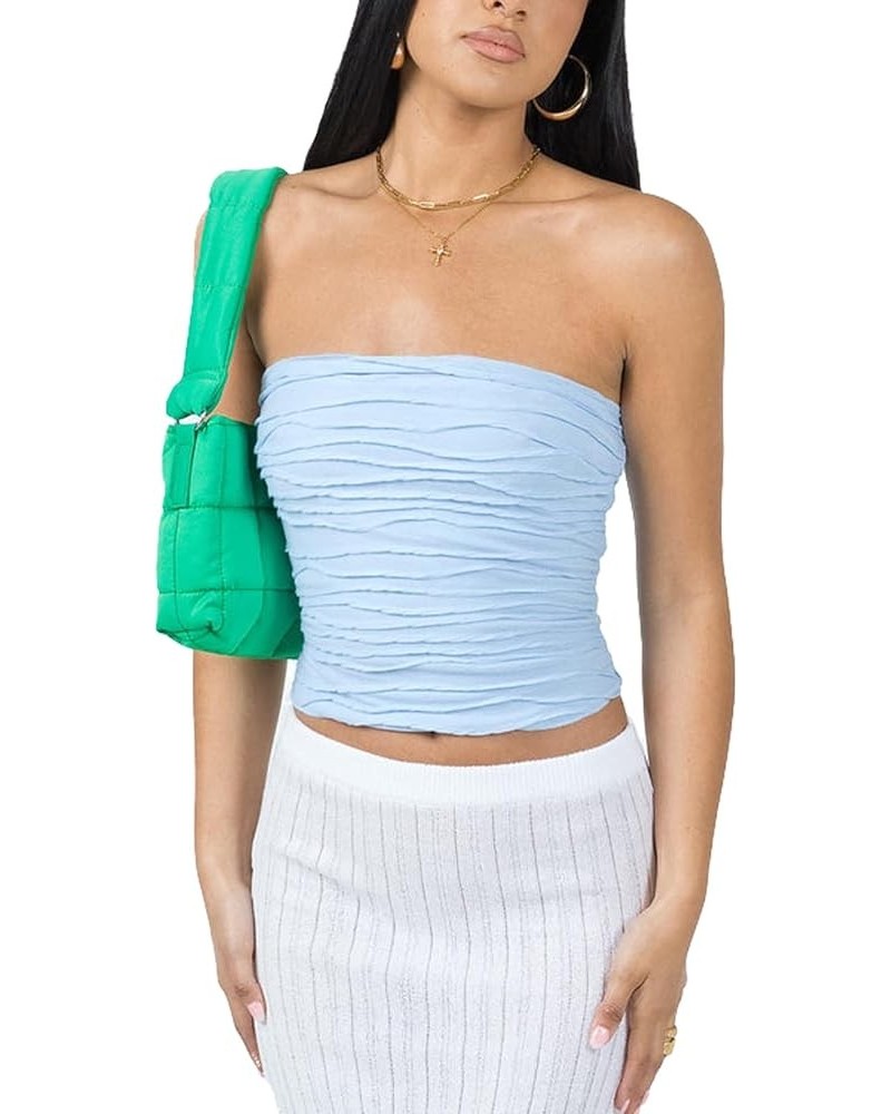 Women Lace Frill Trim Strapless Tube Top Sleeveless Off Shoulder Crop Bandeau Tube Top Y2K Vintage Camisole Streetwear Blue-m...