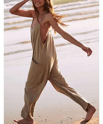 Womens Casual Sleeveless Jumpsuits Adjustable Spaghetti Straps Harem Long Pants Romper Overalls with Pockets Light Khaki $14....