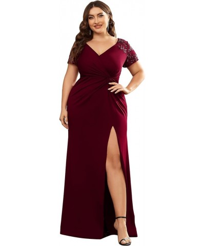 Women's Plus Size Double V-Neck Ruched Bust Short Sleeves Sequin Appliques Maxi Formal Dresses 01669-DA Burgundy $42.37 Dresses