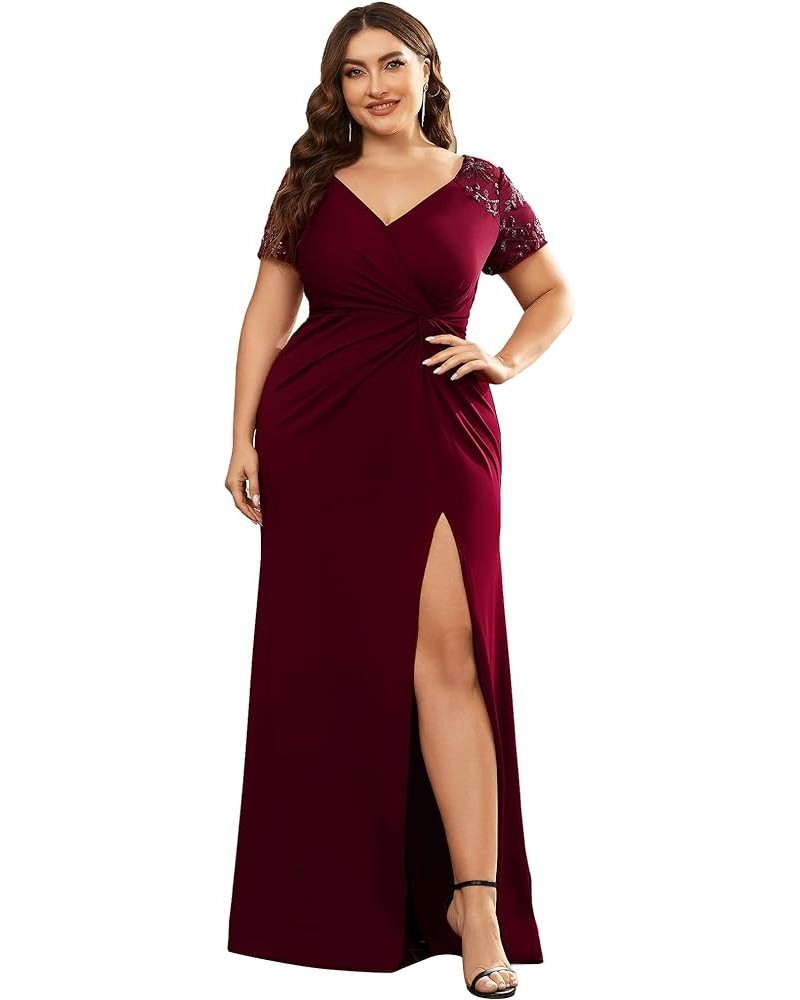 Women's Plus Size Double V-Neck Ruched Bust Short Sleeves Sequin Appliques Maxi Formal Dresses 01669-DA Burgundy $42.37 Dresses