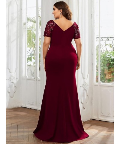 Women's Plus Size Double V-Neck Ruched Bust Short Sleeves Sequin Appliques Maxi Formal Dresses 01669-DA Burgundy $42.37 Dresses