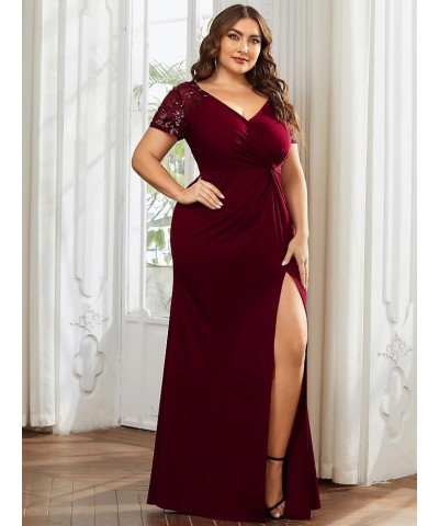 Women's Plus Size Double V-Neck Ruched Bust Short Sleeves Sequin Appliques Maxi Formal Dresses 01669-DA Burgundy $42.37 Dresses