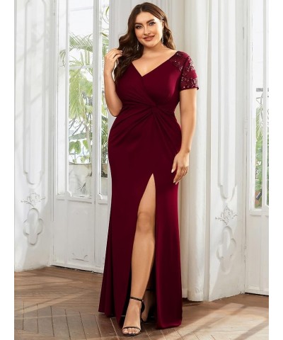 Women's Plus Size Double V-Neck Ruched Bust Short Sleeves Sequin Appliques Maxi Formal Dresses 01669-DA Burgundy $42.37 Dresses