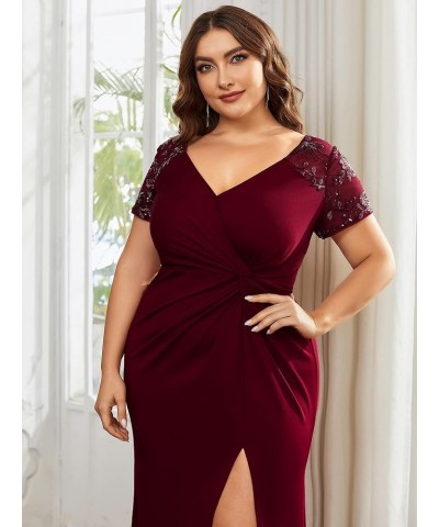 Women's Plus Size Double V-Neck Ruched Bust Short Sleeves Sequin Appliques Maxi Formal Dresses 01669-DA Burgundy $42.37 Dresses