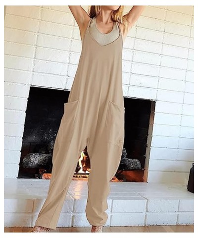 Womens Casual Sleeveless Jumpsuits Adjustable Spaghetti Straps Harem Long Pants Romper Overalls with Pockets Light Khaki $14....