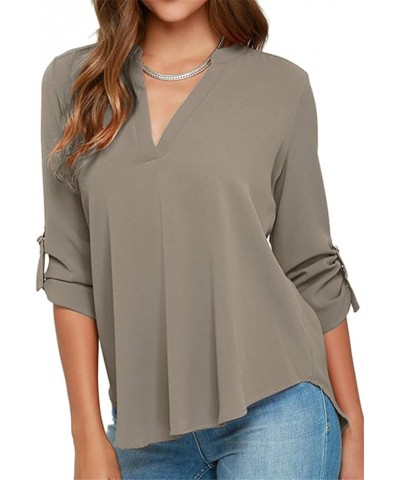 Women's V Neck Chiffon Roll Sleeve Blouses Casual Solid Color Party Shirts Tops Grey $10.80 Blouses