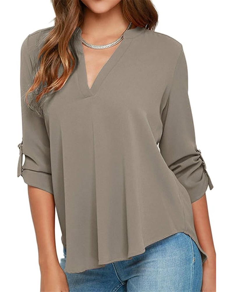 Women's V Neck Chiffon Roll Sleeve Blouses Casual Solid Color Party Shirts Tops Grey $10.80 Blouses