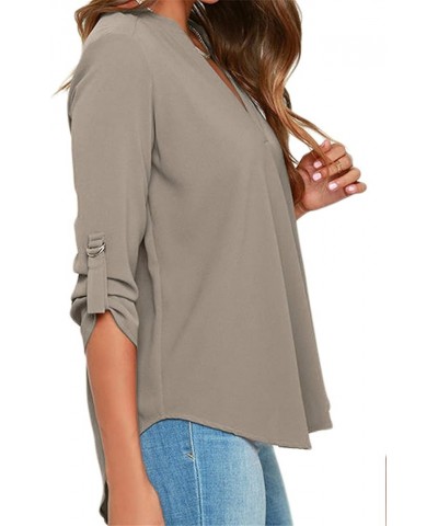 Women's V Neck Chiffon Roll Sleeve Blouses Casual Solid Color Party Shirts Tops Grey $10.80 Blouses